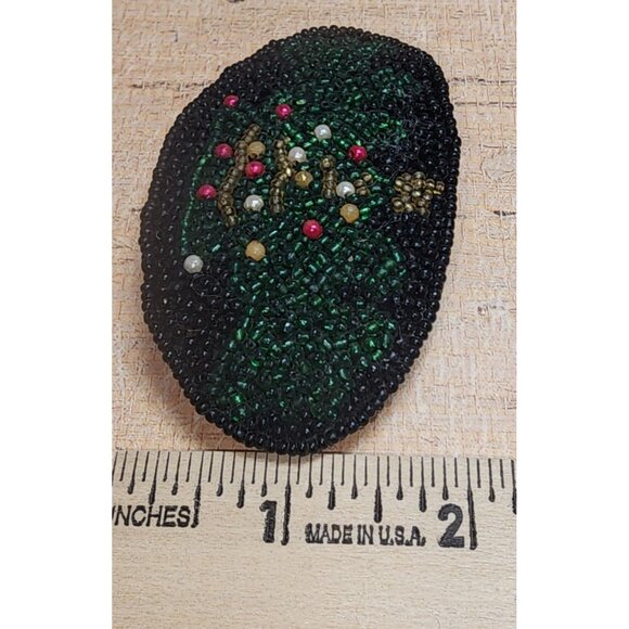 Vintage Beaded Christmas Tree Oval Leather Hair Barrette Clip Holiday Festive - Picture 3 of 4